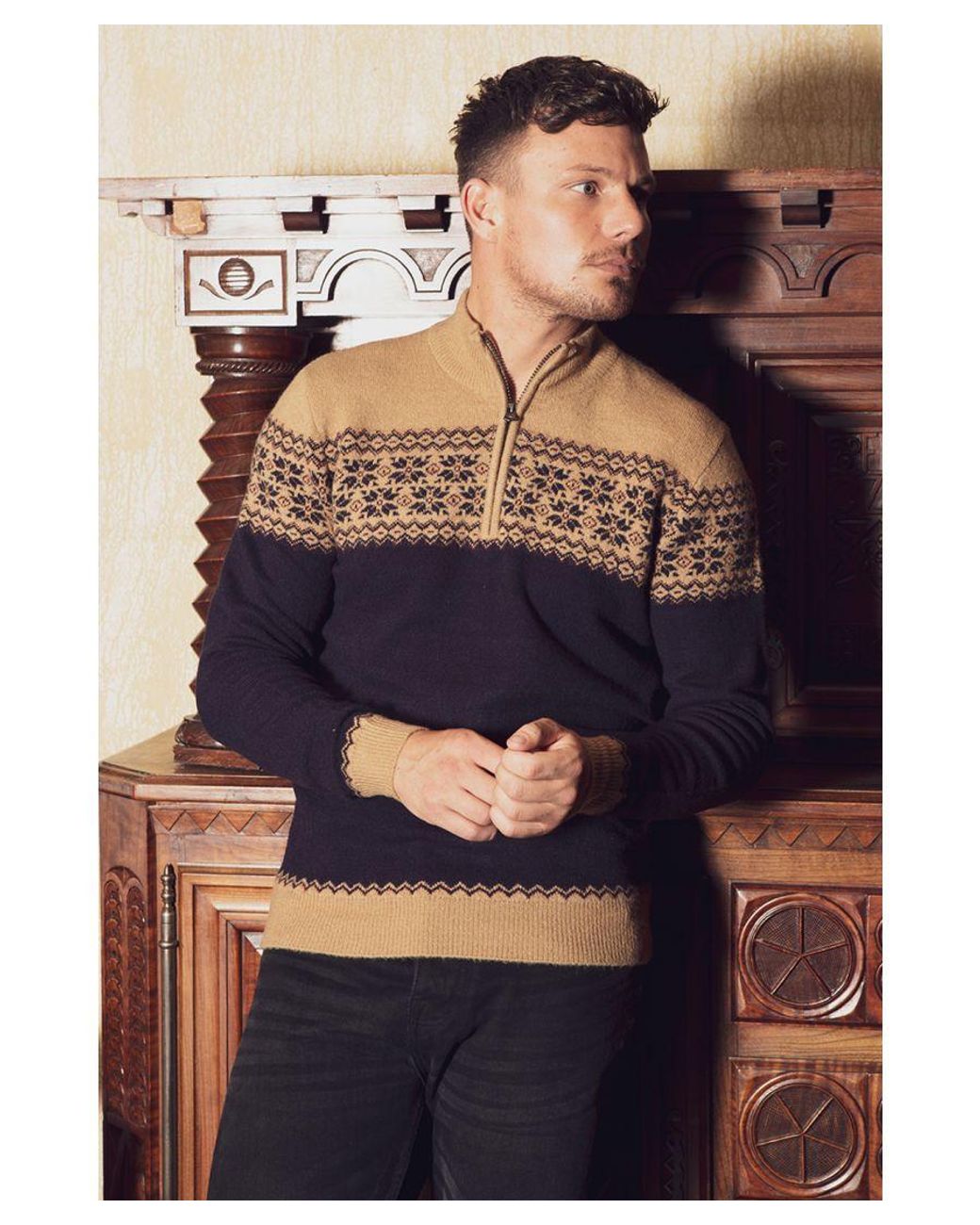 Kensington Eastside Blue 1/4 Zip Colourblock And Jacquard Funnel Neck Jumper for men