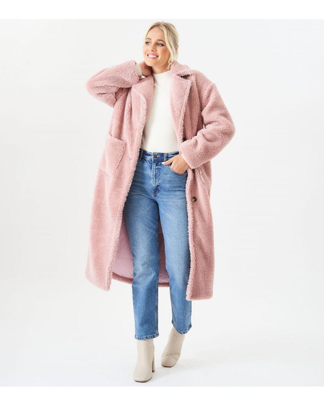 Gini London Pink Longline Teddy Coat