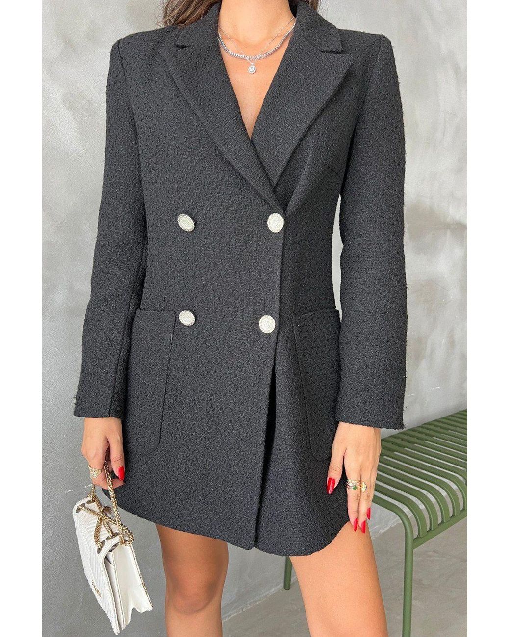 Hiccup Gray V Neck Buttoned Long Sleeve Mini Blazer Dress