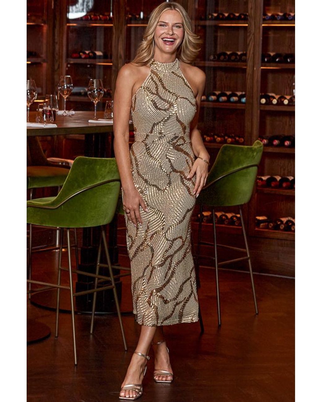 Sosandar Brown Sequin Halter Neck Maxi Dress