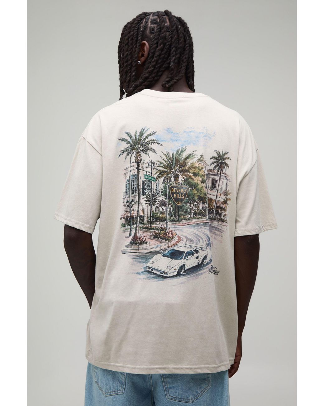 BoohooMAN Gray Stone Oversized Palm Beverly Hills Print T-Shirt for men
