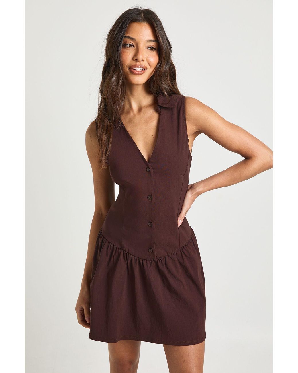 Boohoo Brown Bengaline Button Up Frill Hem Shirt Dress