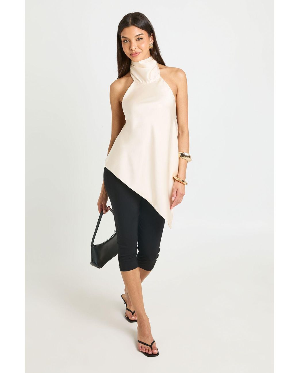 Boohoo Black Satin Funnel Neck Tie Back Top