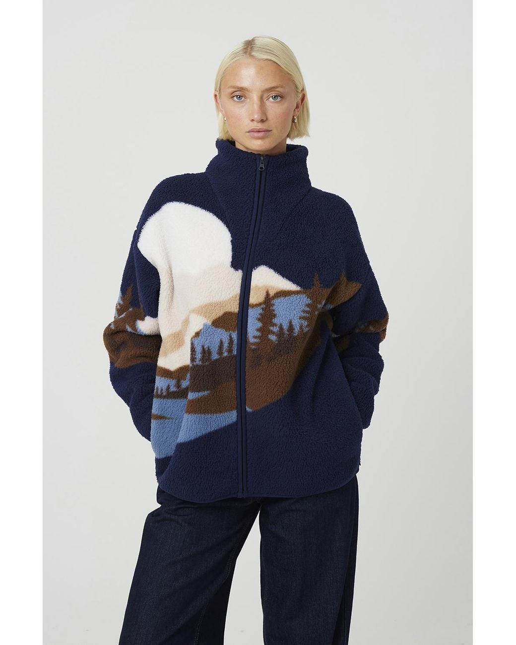 Brave Soul Blue Dark Sherpa Fleece Landscape Print Zip Sweatshirt