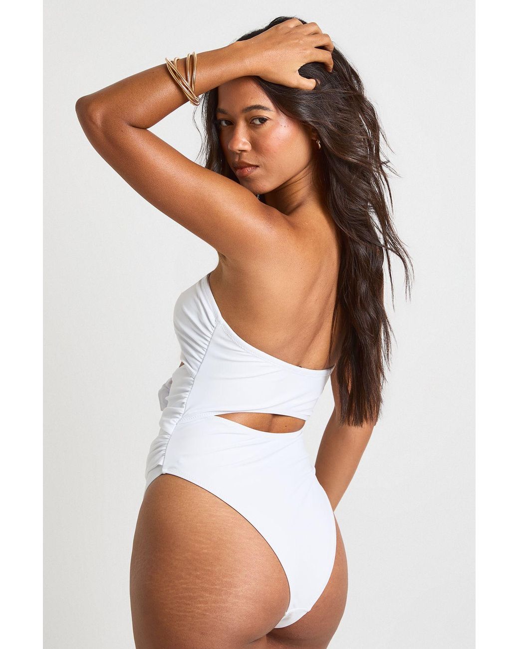 Boohoo White Flower Trim Cut Out Bandeau Swimsuit