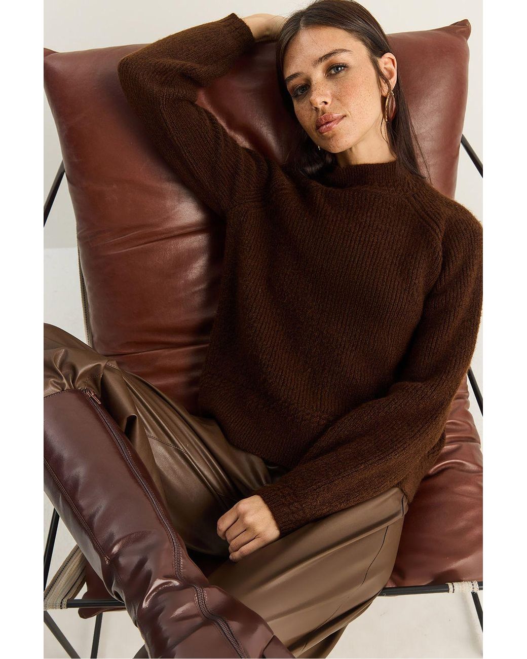 Bianco Lucci Brown Oversized Crew Neck Knit Sweater