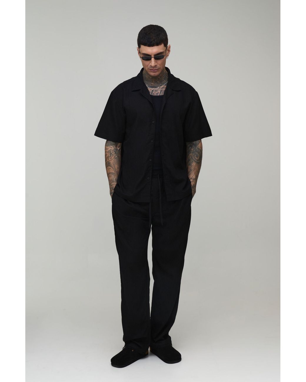 BoohooMAN Black Tall Holiday Linen Blend Oversized Shirt & Relaxed Trouser Set for men