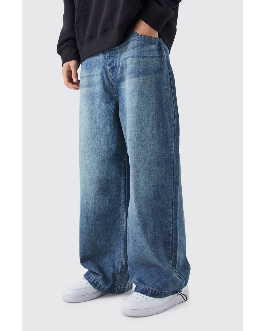 BoohooMAN Blue Denim Parachute Washed Jeans for men