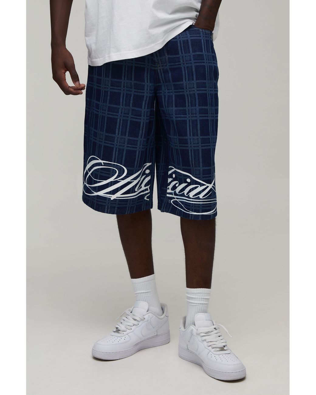 BoohooMAN Blue Longline Check Printed Denim Jorts for men