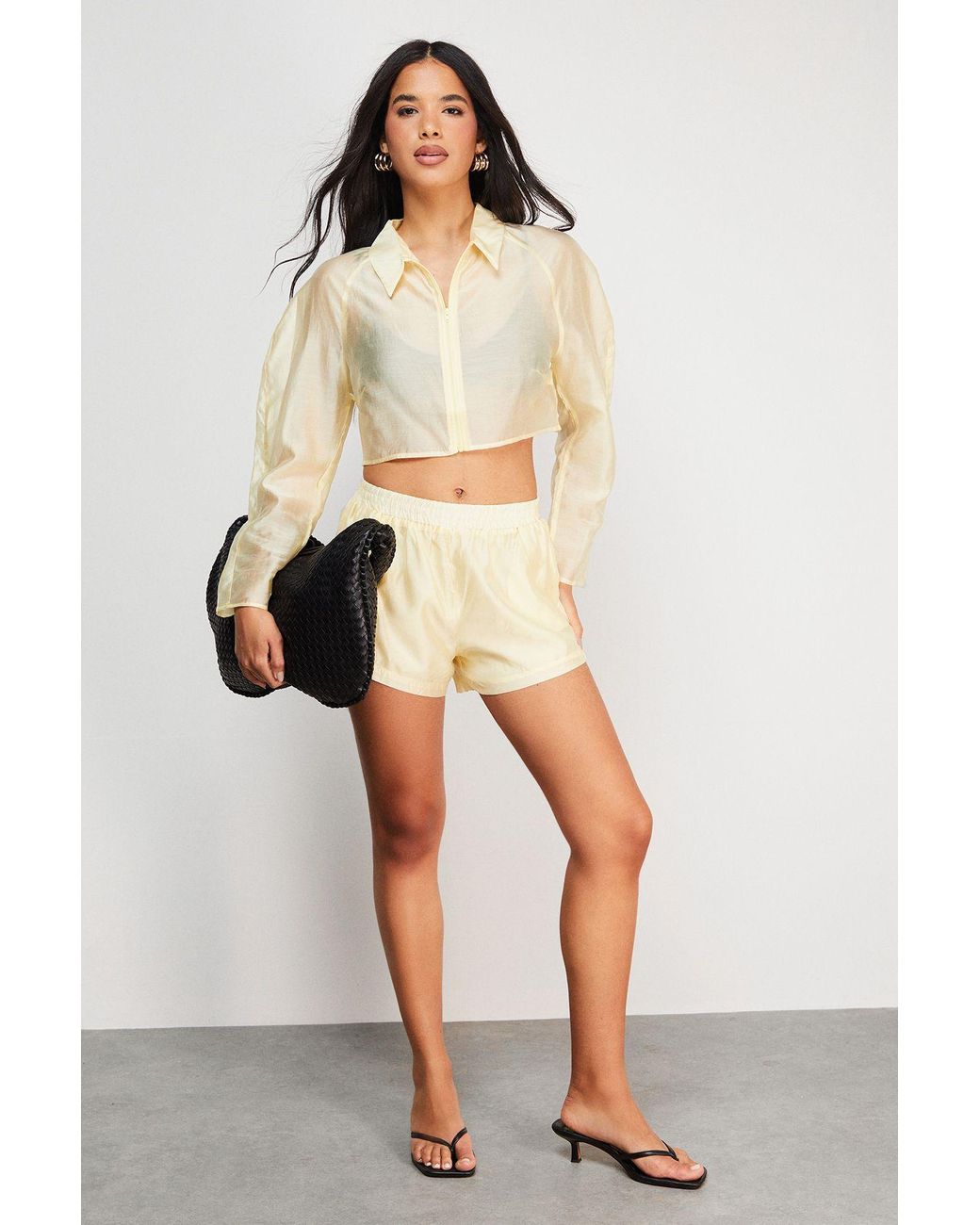 Warehouse Natural Organza Shirred High Waist Shorts