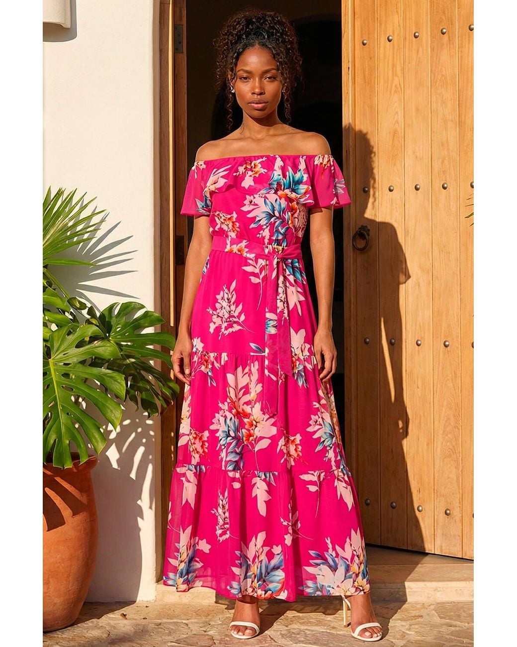 Roman Red Floral Bardot Belted Maxi Dress