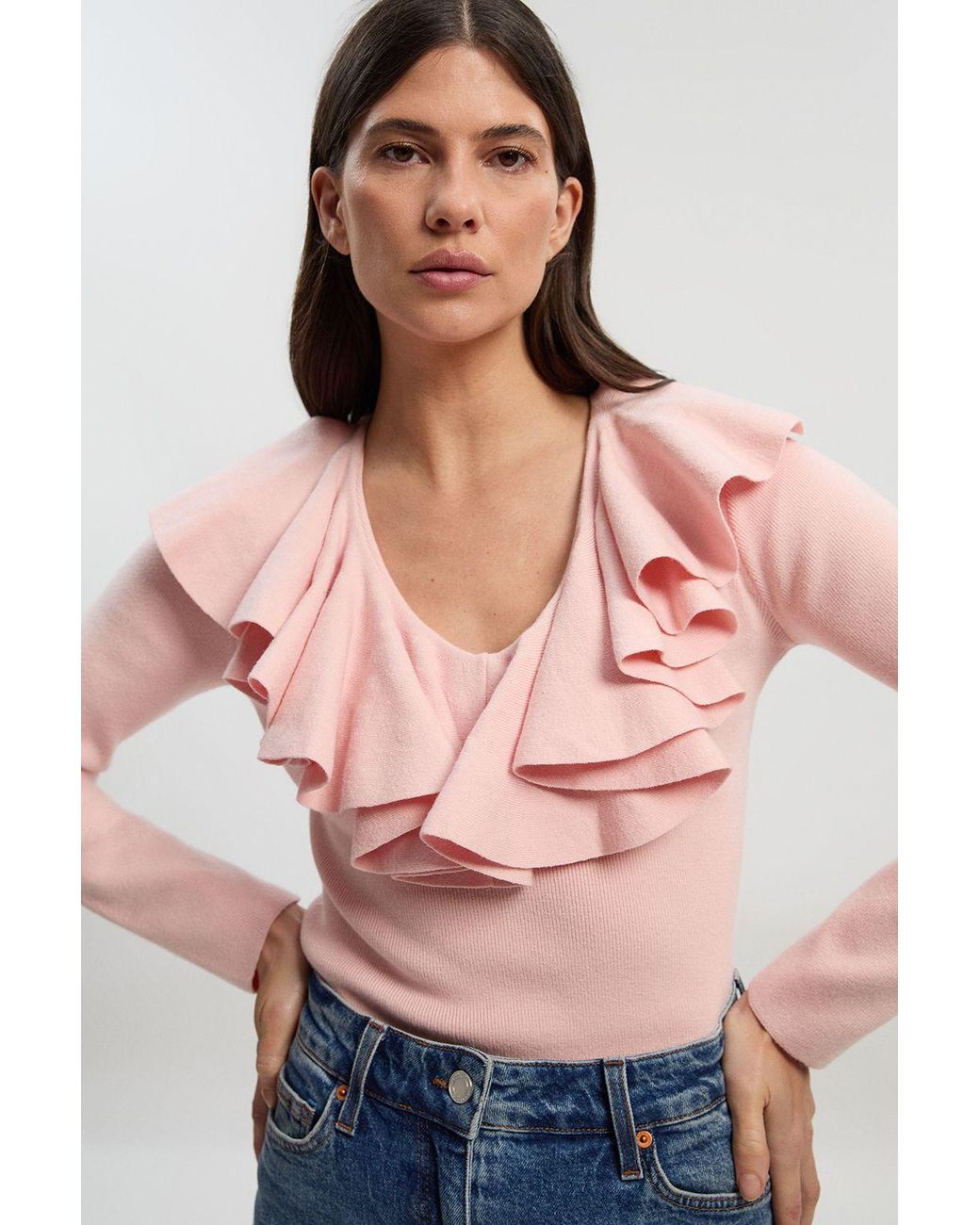Karen Millen Pink Compact Wool Look Ruffle V Neck Knit Top