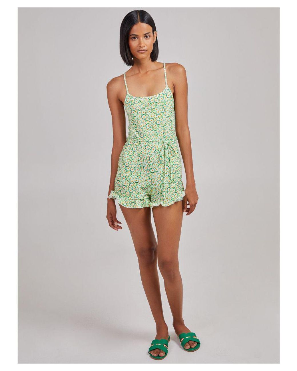 Pink Vanilla Green Daisy Print Playsuit With Tie