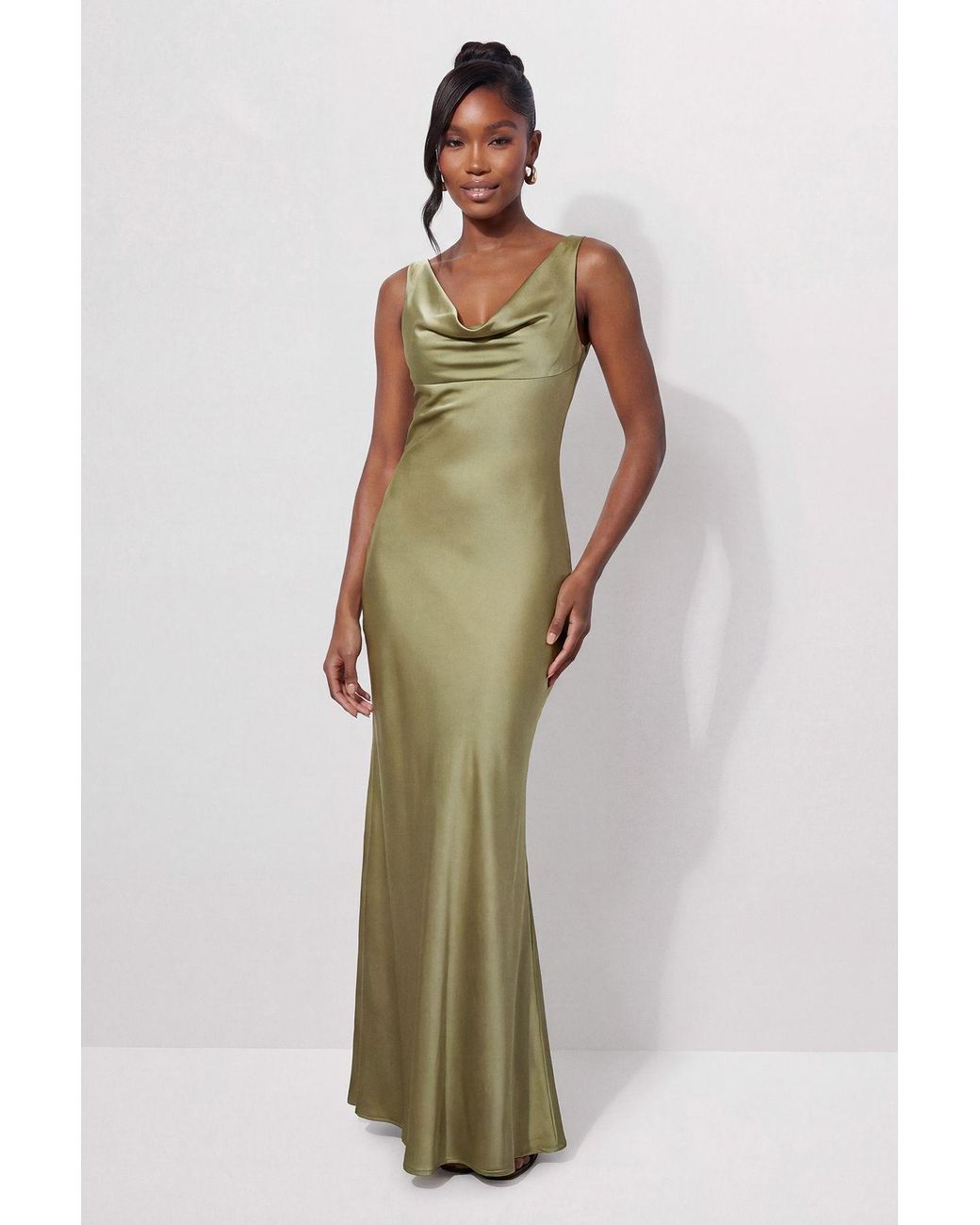 MissPap Green Premium Satin Cowl Neck Fishtail Maxi Bridesmaid Dress