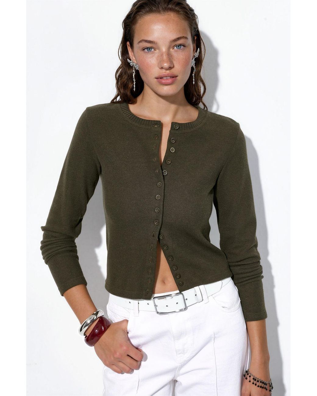 Busem Green Cropped Ribbed Button Cardigan