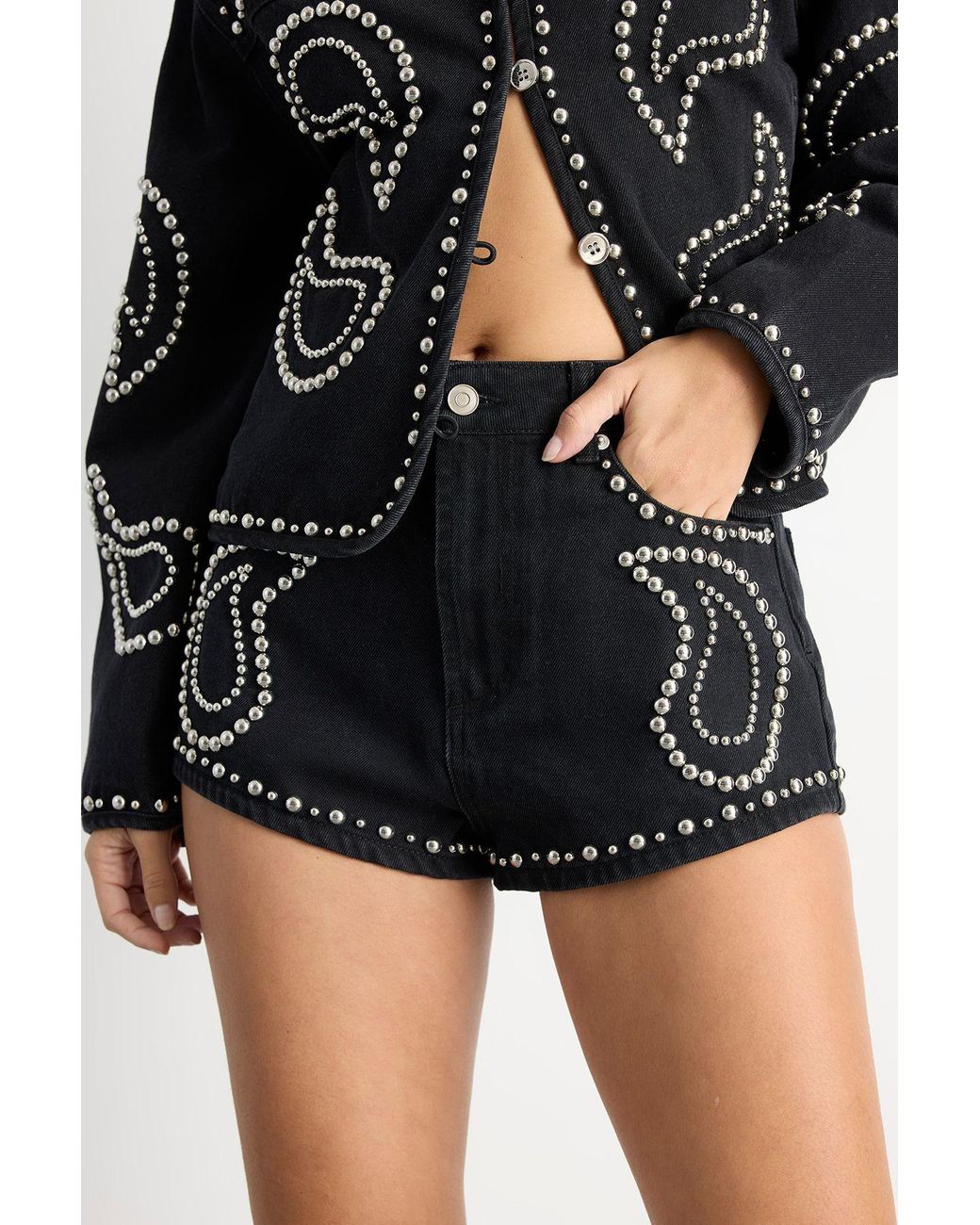 Warehouse Black Paisley Studded Denim Shorts