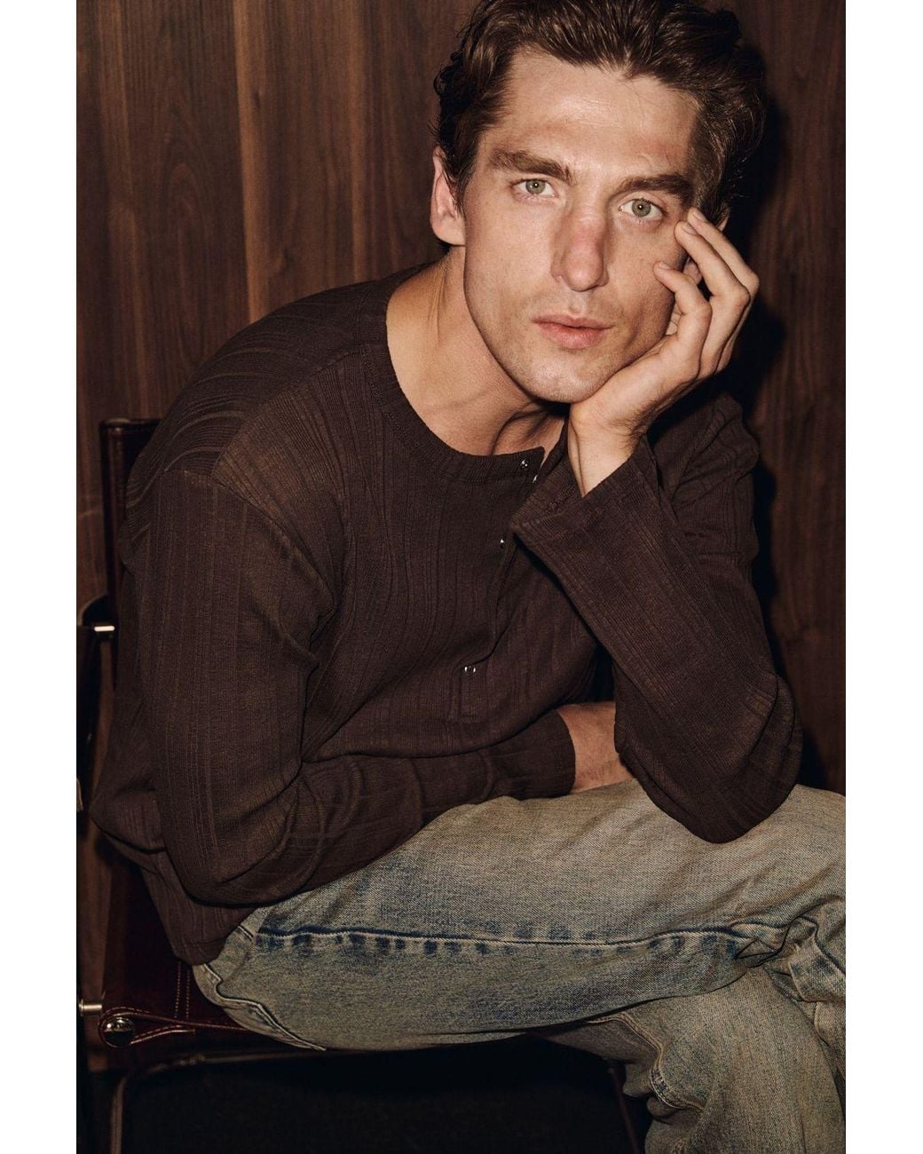 Grimelange Brown Button Crew Neck T-Shirt for men