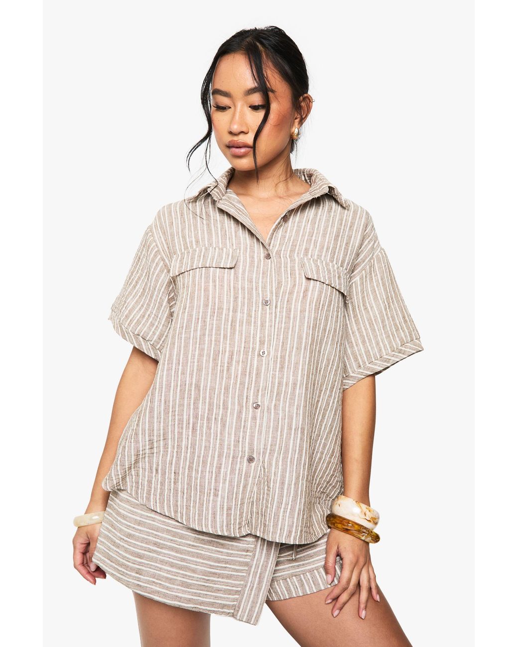 Boohoo White Woven Linen Look Striped Short Sleeve Shirt