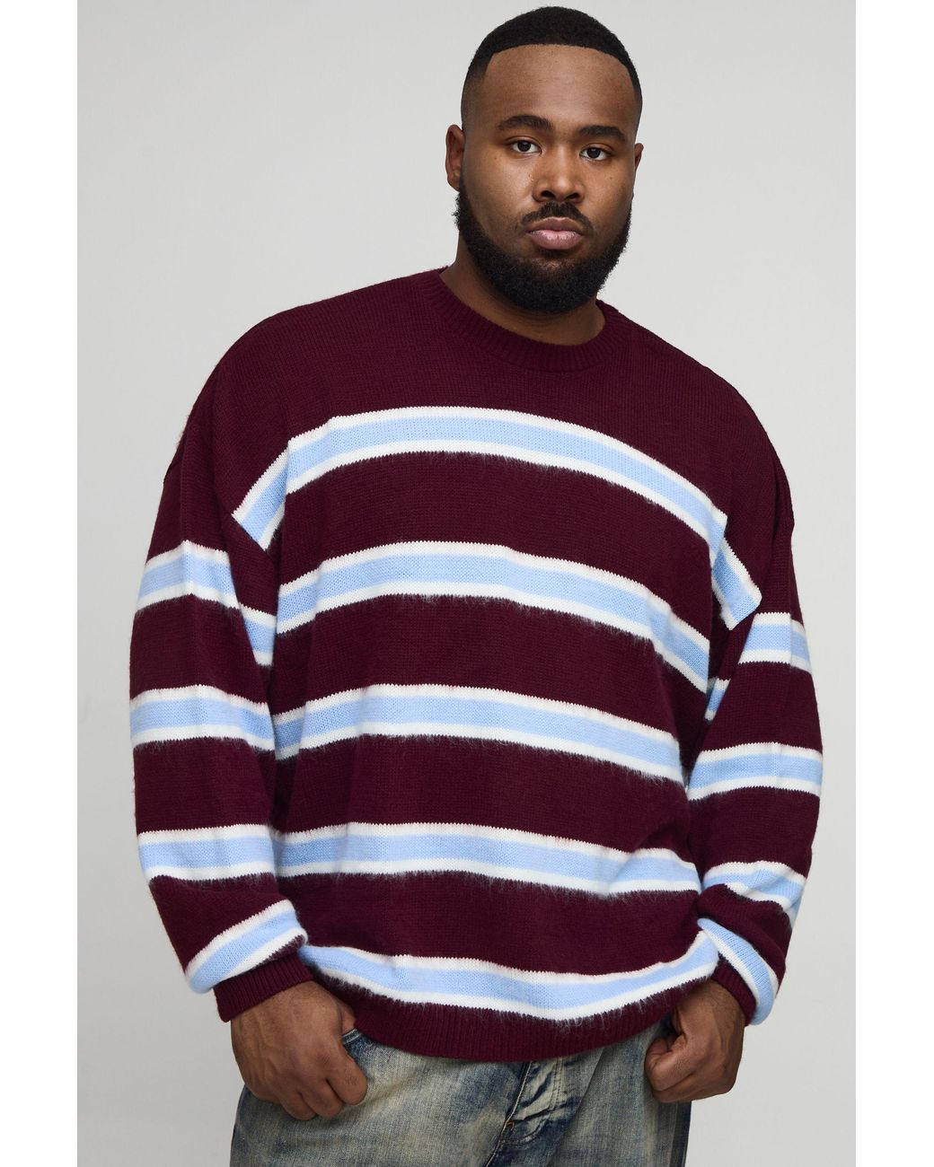 BoohooMAN Red Plus Contrast Stripe Brushed Knit Oversized Jumper for men