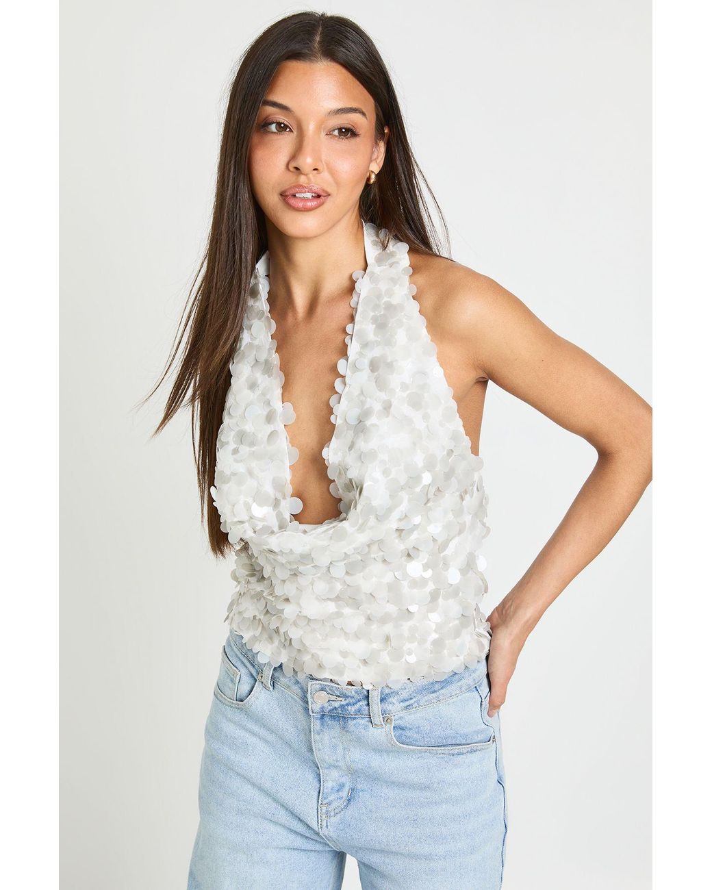 Boohoo White Mixed Sequin Cowl Neck Top