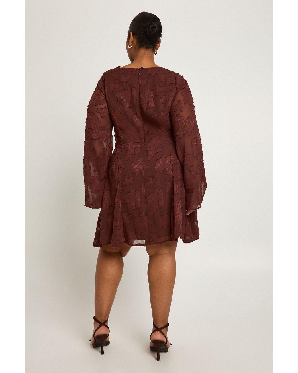 Boohoo Red Plus Burnout Cowl Neck Front Ruffle Skater Dress