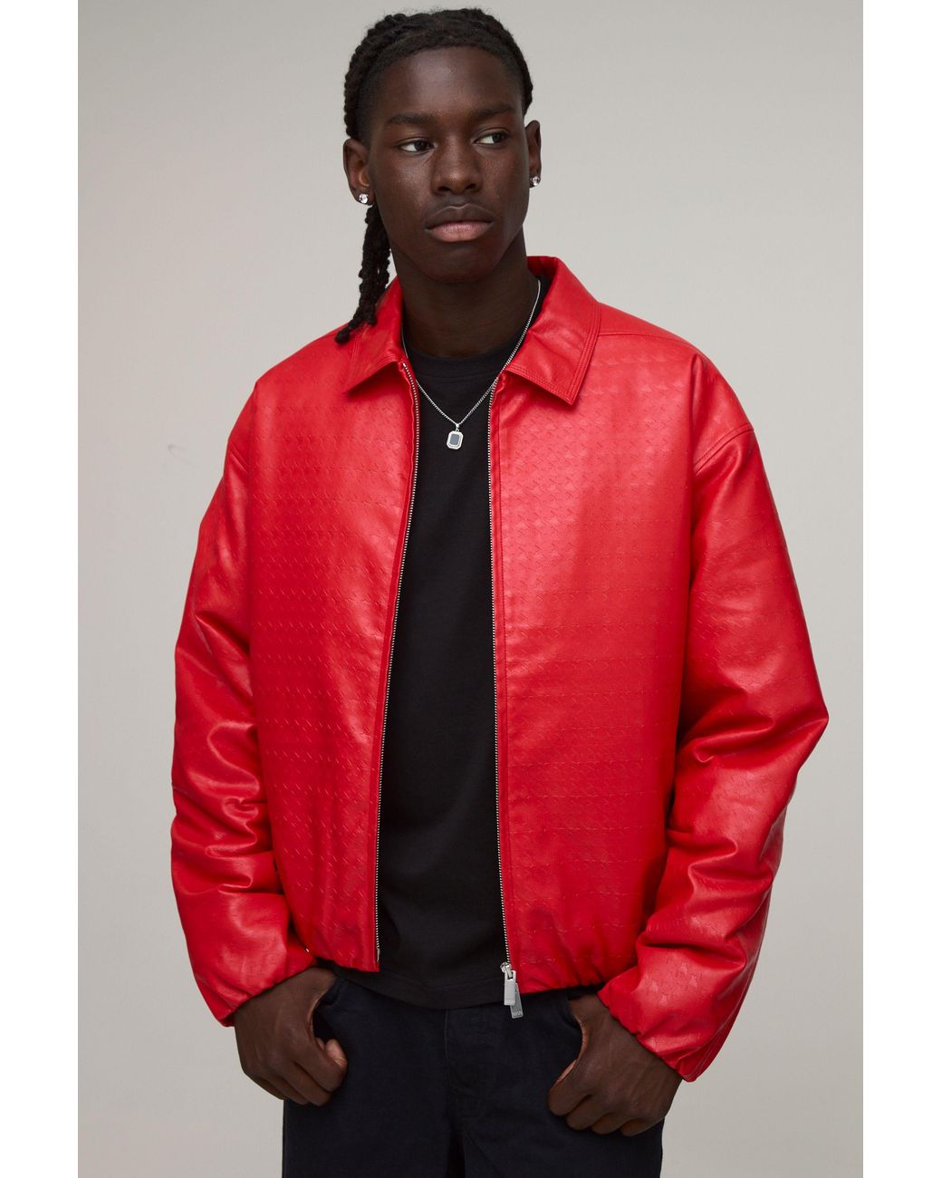 BoohooMAN Boxy Fit Pu Textured Harrington Jacket for men