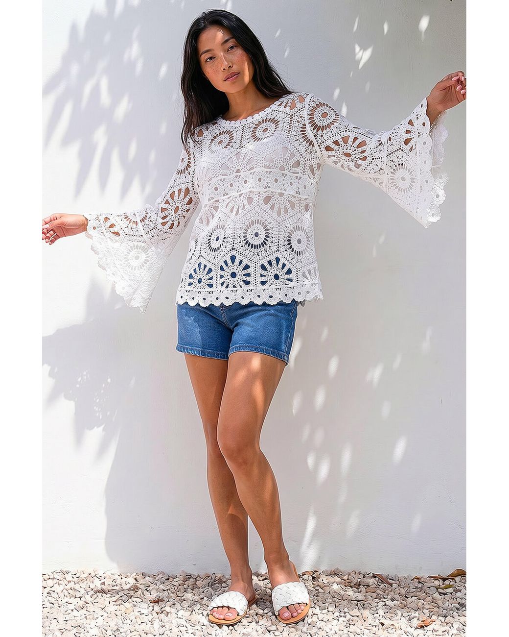 Roman Blue Petite Crochet Flare Sleeve Top