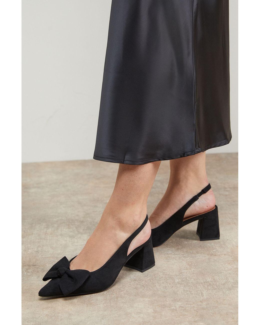 Oasis Black Seala Faux Suede Bow Slingback Medium Block Heel Court Shoes