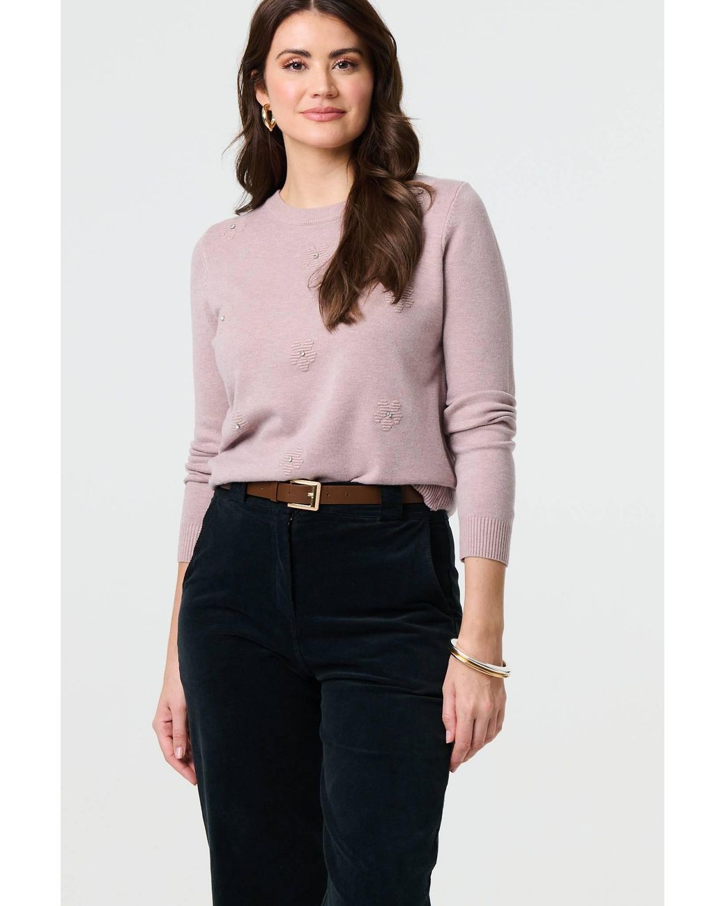 Izabel London Red Peach Floral Gemstone Embellished Jumper