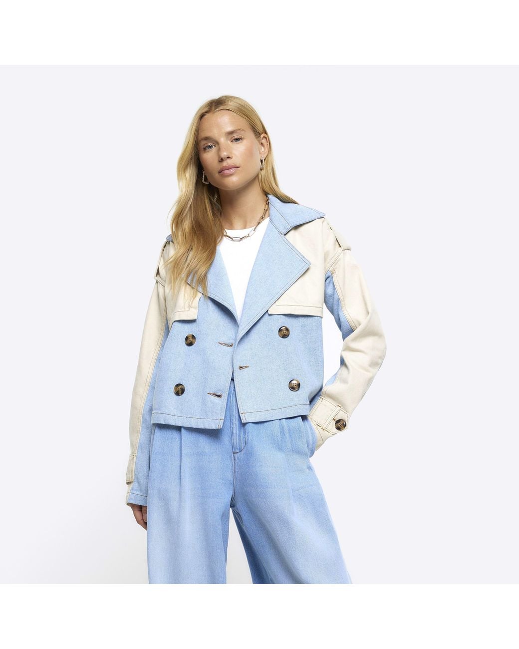 River Island Blue Trench Jacket Denim Crop Cotton