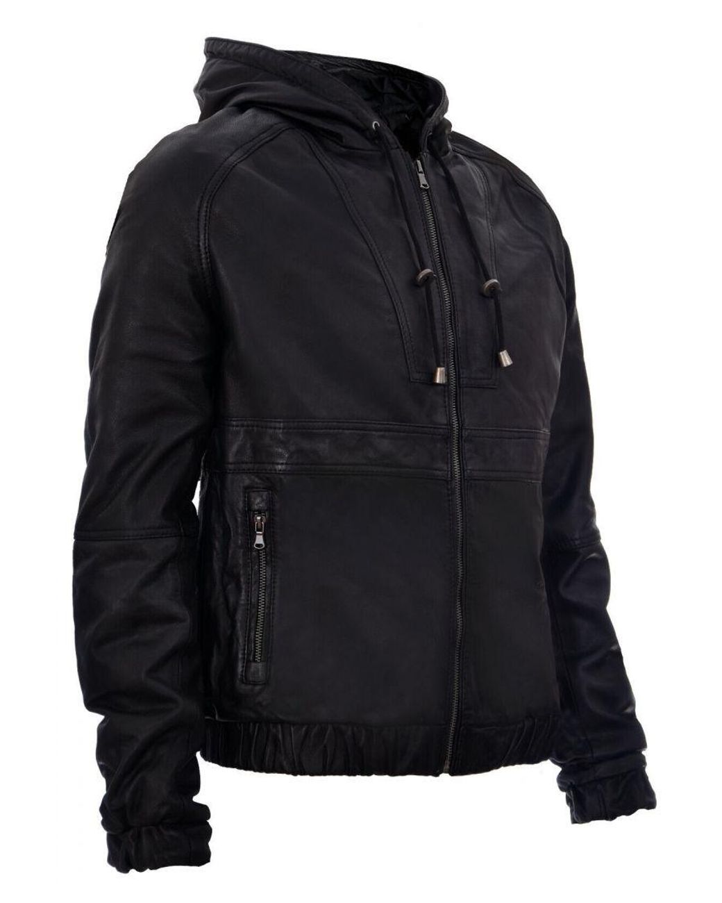 Infinity Leather Black Zipped Hooded Bomber Biker Jacket for men