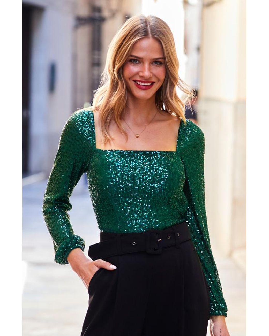 Sosandar Green Emerald Sequin Square Neck Top Leather