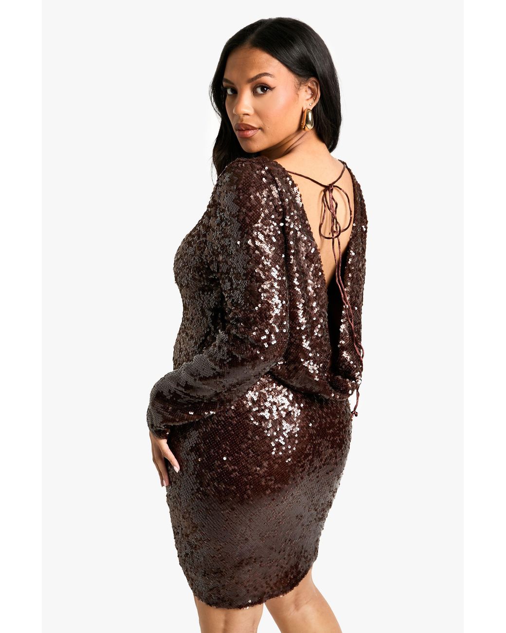 Boohoo Brown Plus Sequin Cowl Back Long Sleeve Mini Dress