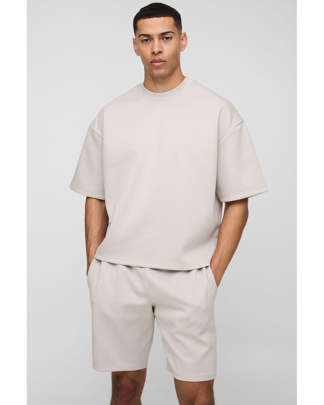 BoohooMAN Natural Oversized Boxy Scuba T-Shirt & Short Set for men
