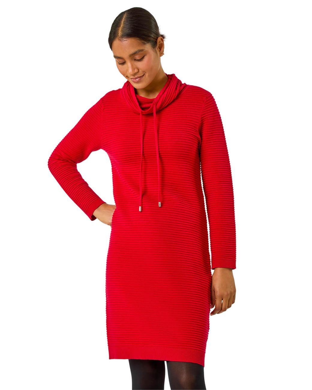 Roman Red Ribbed Cowl Neck Jumper Dress