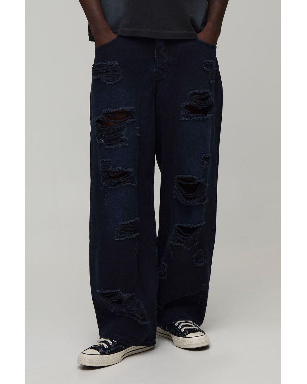 BoohooMAN Blue Adjustable Waist Tinted Extreme Ripped Super Baggy Jeans for men