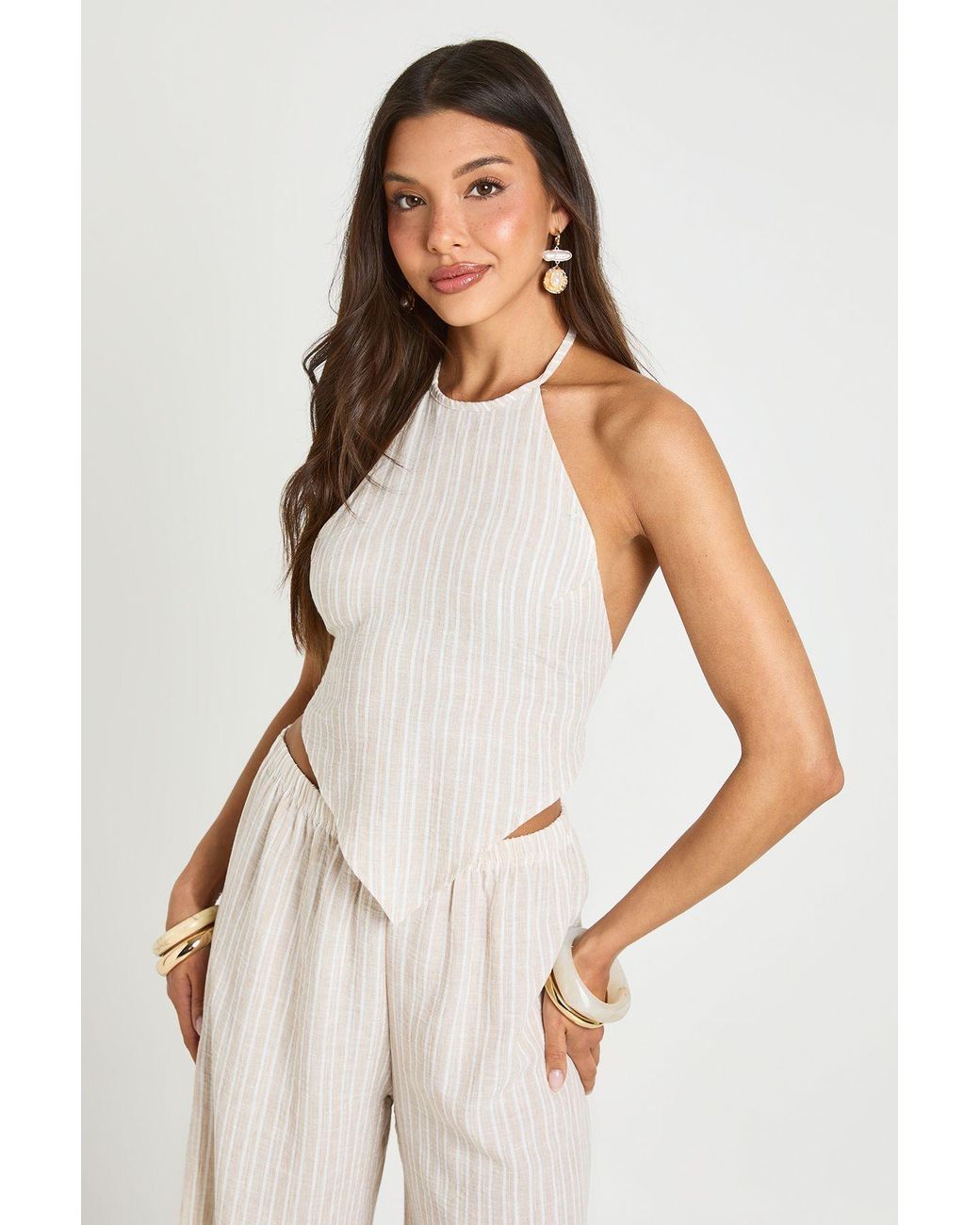 Boohoo White Striped Linen Look Halter Top