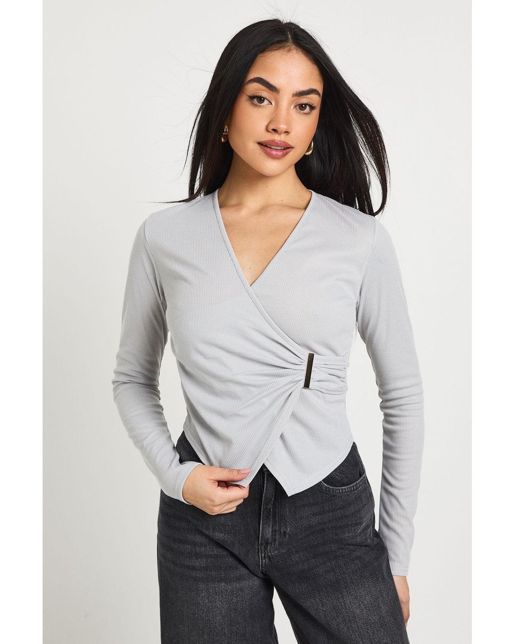 Boohoo Gray Ribbed Long Sleeve Wrap Front Top With Trim