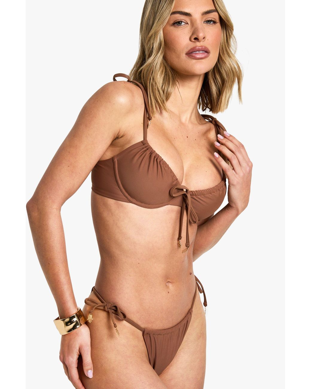 Boohoo Brown Hamsa Hand Charm Trim Tie Shoulder Underwired Bikini Top