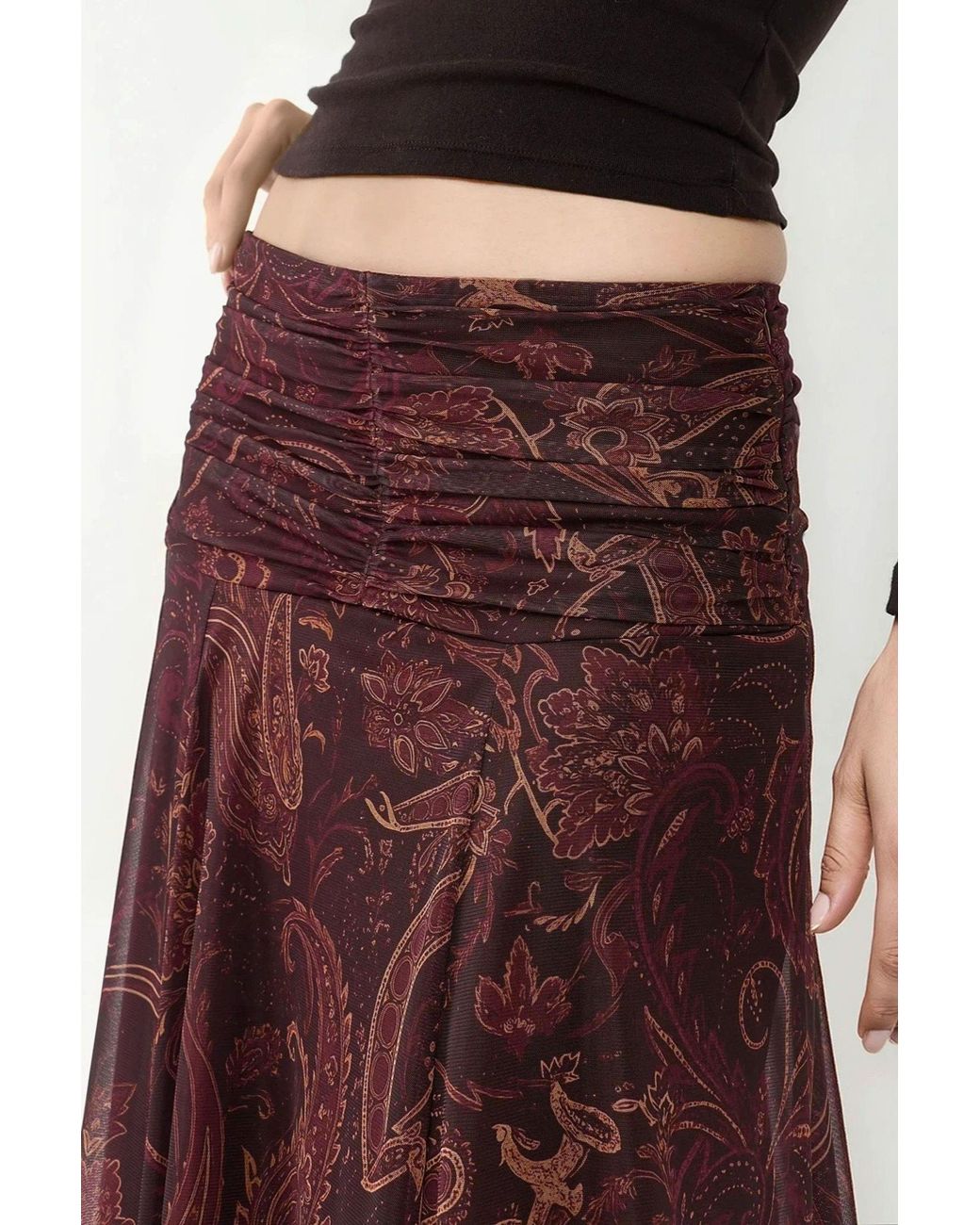 Hiccup Red Patterned Midi Wrap Skirt With Ruffle Detail