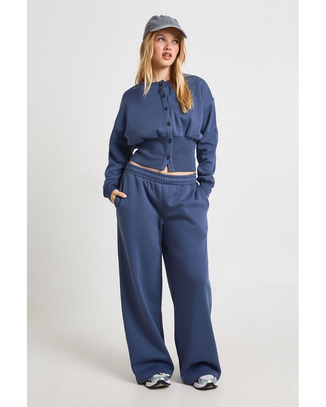 Boohoo Blue Petite Cinched Waist Button Through Sweatshirt Tracksuit
