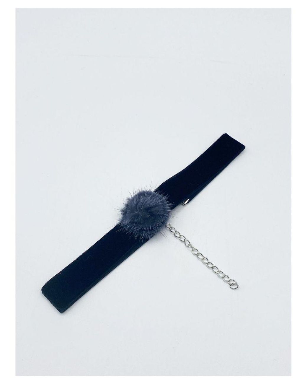 SVNX Blue Faux Velvet Band Choker Necklace With Pom Pom