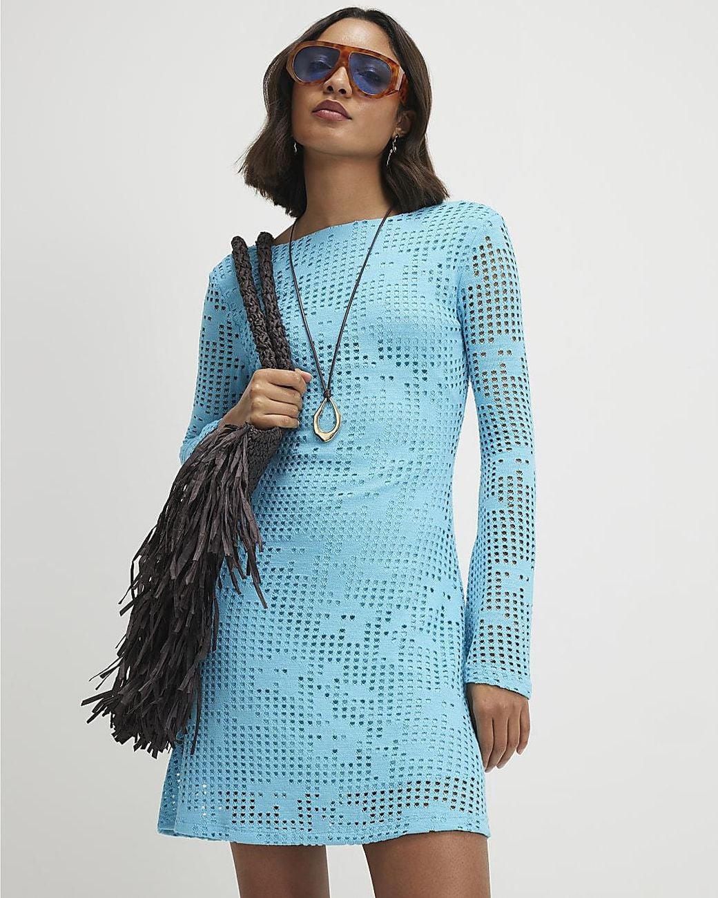 River Island Blue Crochet Mini Dress Long Sleeve