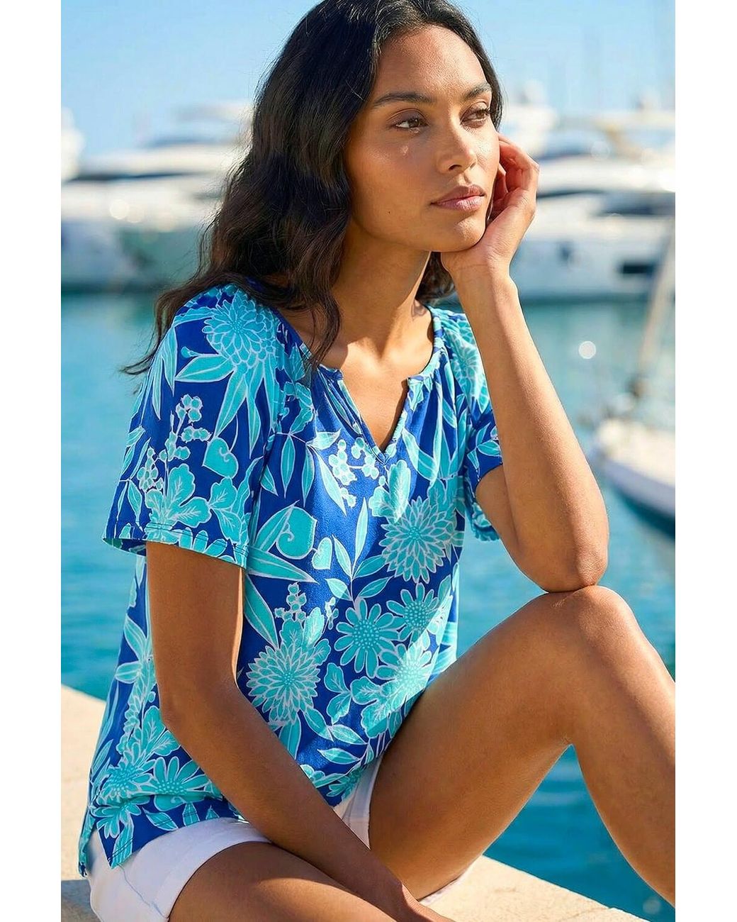 Roman Blue Textured Print Notch Neck Top