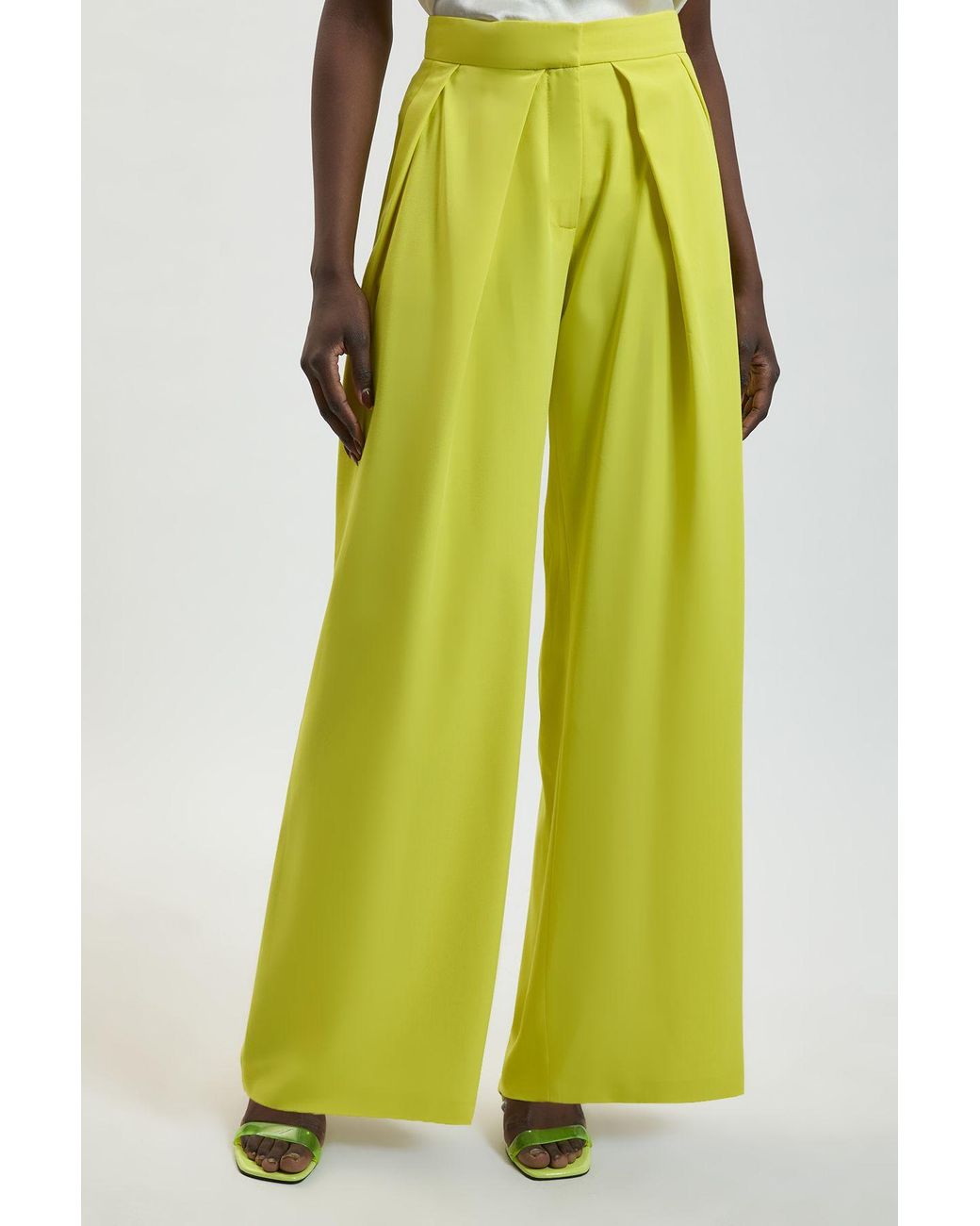 Karen Millen Yellow Compact Viscose Wide Leg Tailored Trouser