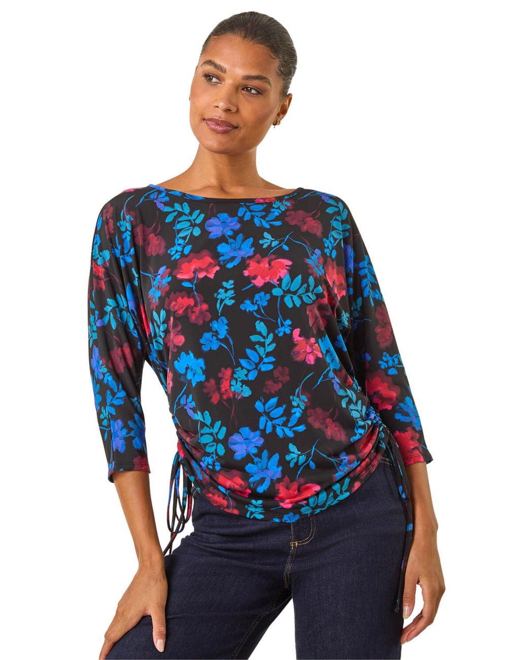 Roman Blue Floral Print Tie Detail Stretch Top