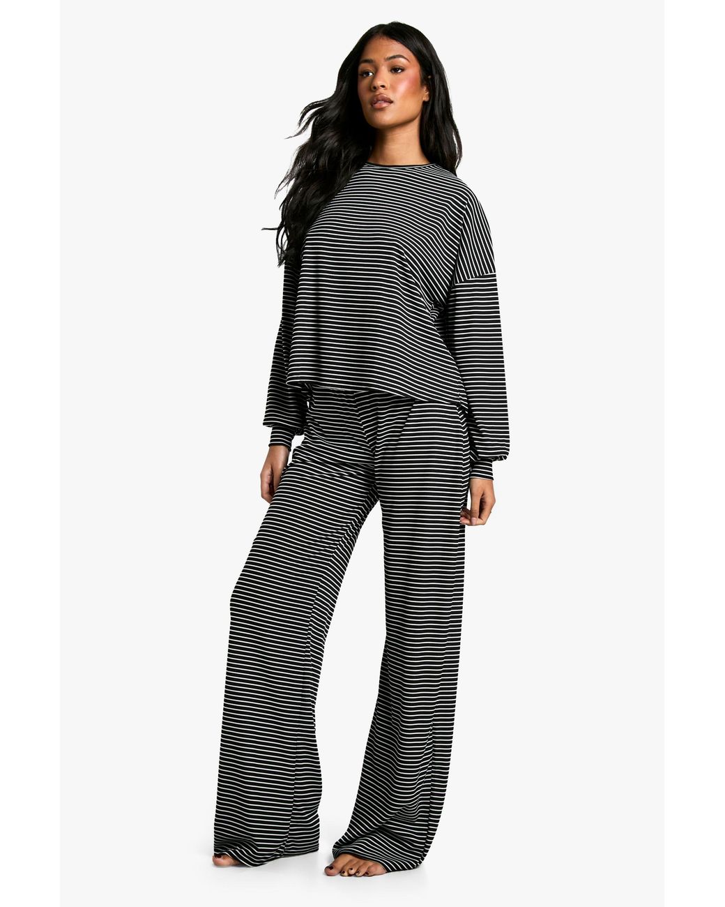 Boohoo Black Tall Stripe Jersey Lounge Trouser Pj Set