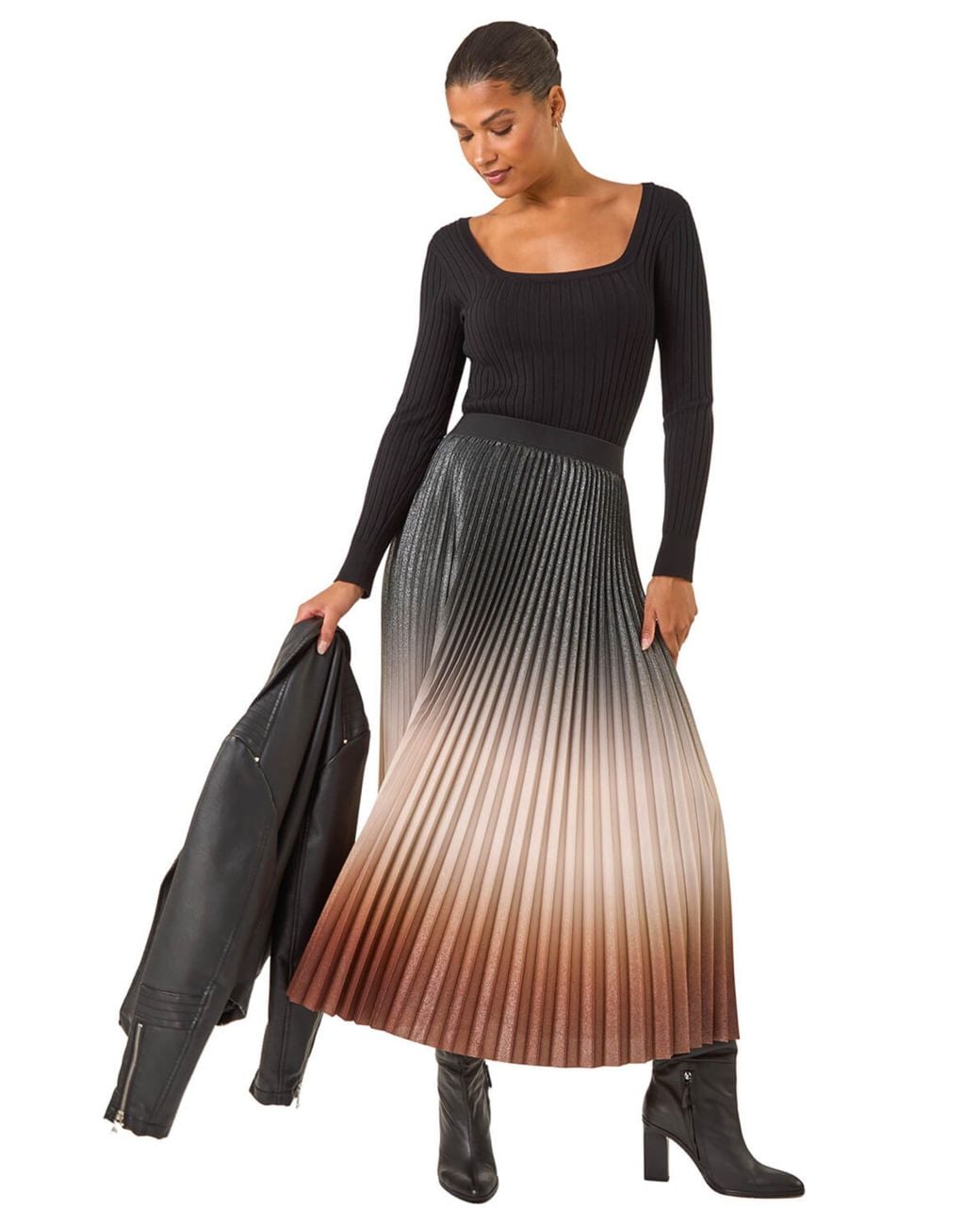 Roman Brown Ombre Pleated Stretch Skirt