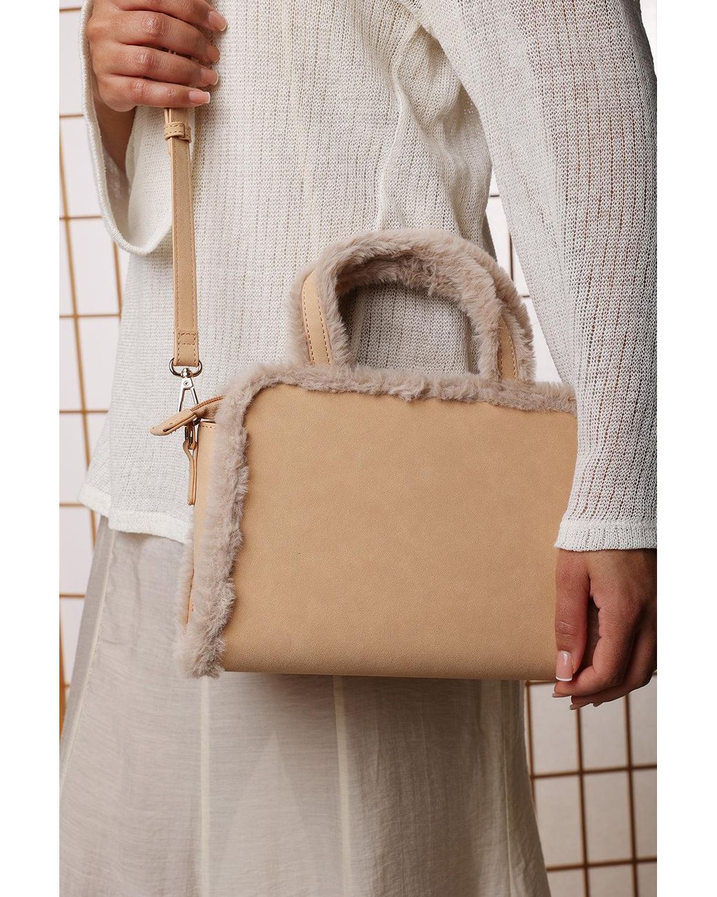 Where's That From Natural 'Kismet' Borg Trim Tote Bag With Cross Body Strap