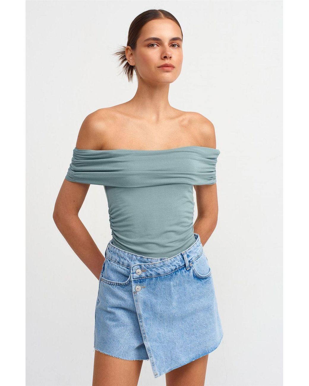 Dilvin Blue Off-Shoulder Slim Fit Jersey Blouse